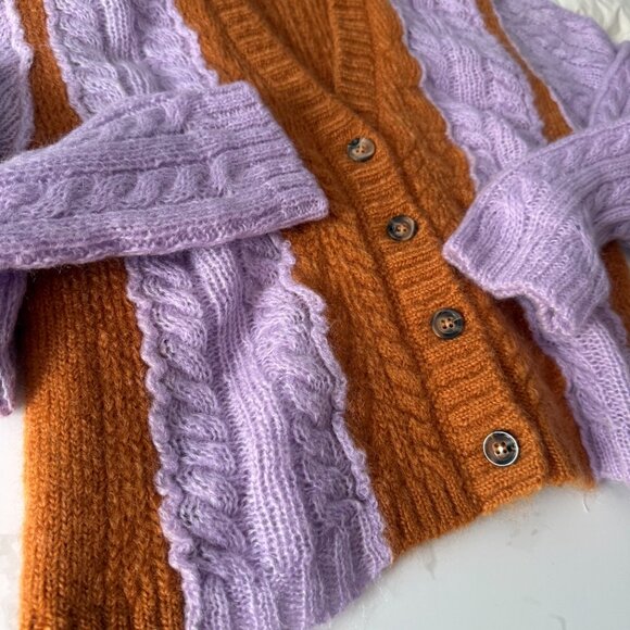 Tach Clothing Colorblock Lilac and Rust Cable Knit Cropped Cardigan Sweater - M - Picture 5 of 14